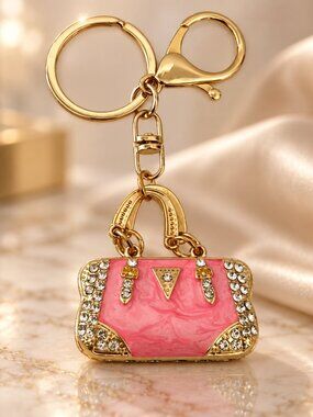 Pink Rhinestone Handbag Keychain Purse Charm Gold Tone Bag Accessory